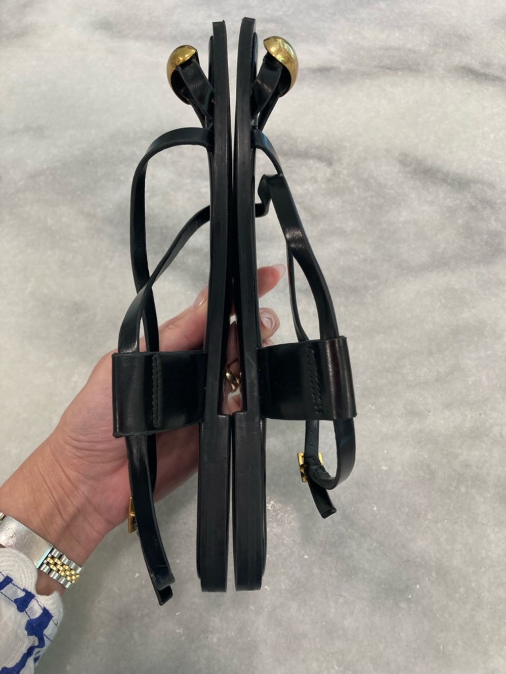 ZARA Black Leather Flat Strappy Gold Metal Toe Sandals - Picture 14 of 15